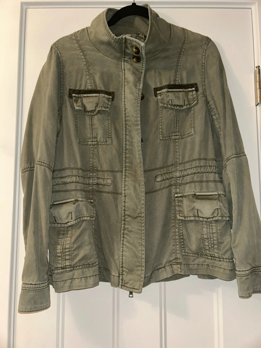 Full Zip Military Utility Jacket M/L Green Casual Faded Worn Look Coat Relaxed